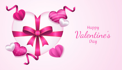 Valentines Day Background with 3d heart shape, paper love, ribbon and gift box in pink and white color, applicable for invitation, greeting, celebration card