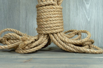 Twisted burlap jute twine rope in close-up