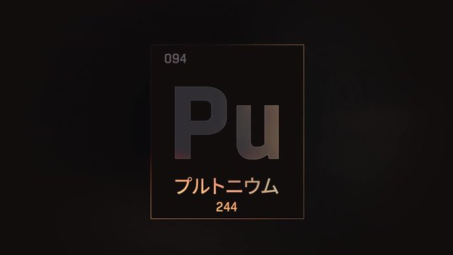 Plutonium as Element 94 of the Periodic Table. Seamlessly looping 3D animation on grey illuminated atom design background orbiting electrons name, atomic weight element number in Japanese language