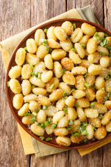 Italian fried gnocchi with garlic sprinkled with parmesan close-up on a plate. Vertical top view