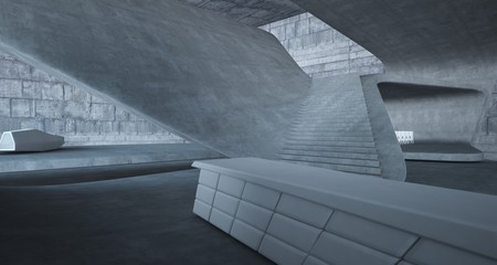 Abstract architectural concrete interior of a minimalist house with swimming pool. 3D illustration and rendering.