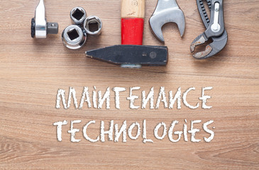 Maintenance Technologies words - Conceptual,set of tools on wood background top view - obrazy, fototapety, plakaty
