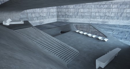 Abstract architectural concrete interior of a minimalist house with swimming pool. 3D illustration and rendering.