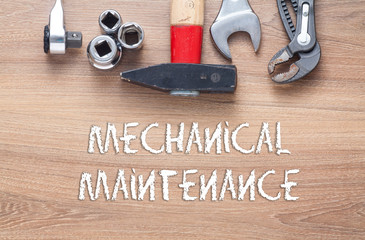 Mechanical Maintenance words - Conceptual,set of tools on wood background top view - obrazy, fototapety, plakaty