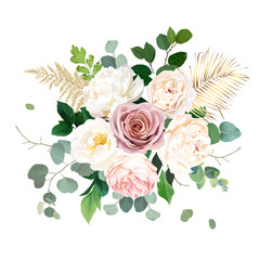 Dusty pink blush, white and creamy rose flowers vector design wedding bouquet