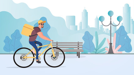 Food delivery by bike. The guy on a bicycle rides in the park. Bicycle delivery concept. Vector stock illustration.
