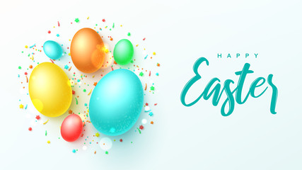 Happy Easter holiday background. Vector illustration with realistic colorful Easter eggs and sweets. Spring holiday card. Promotion festive banner with greeting symbols.