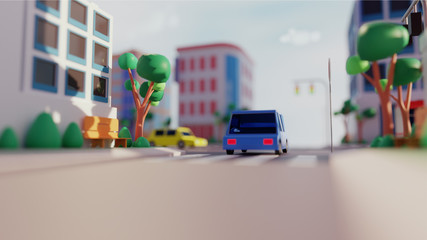 3D rendering of buildings along transport street in urban view with Blurred Effect.
