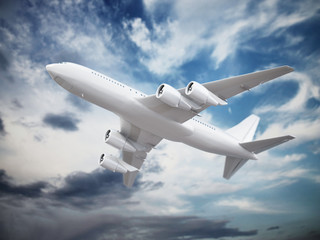 Airplane in the cloudy sky. 3D illustration