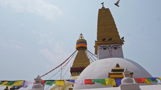 Insightful wisdom Bouddha`s eyes looking from Boudhanath stupas, Kathmandu