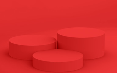 3d red cylinder podium minimal studio background. Abstract 3d geometric shape object illustration render. Display for summer holiday product.