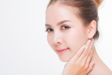 Fototapeta premium Beautiful young woman with clean fresh skin, Hair sleek, Proposing a product. Gestures for advertisement on pink background, Front view, with copy space.