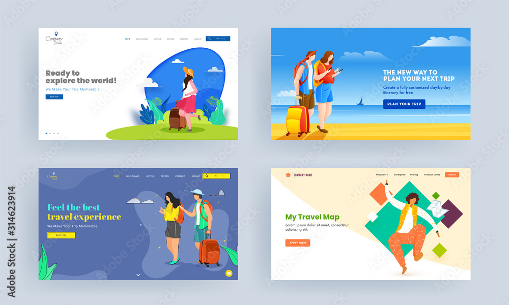 Wall mural set of landing page design with tourism character on abstract background for traveling concept.