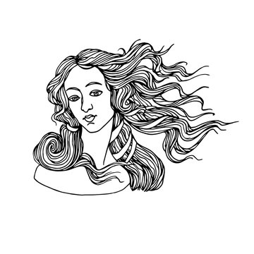 the head of goddess of love, from a painting by Botticelli, the birth of Venus, for a logo,  vector illustration with black contour lines isolated on white background in Doodle and hand drawn style