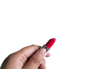 Close up of woman hand with red lipstick. Isolated on white.