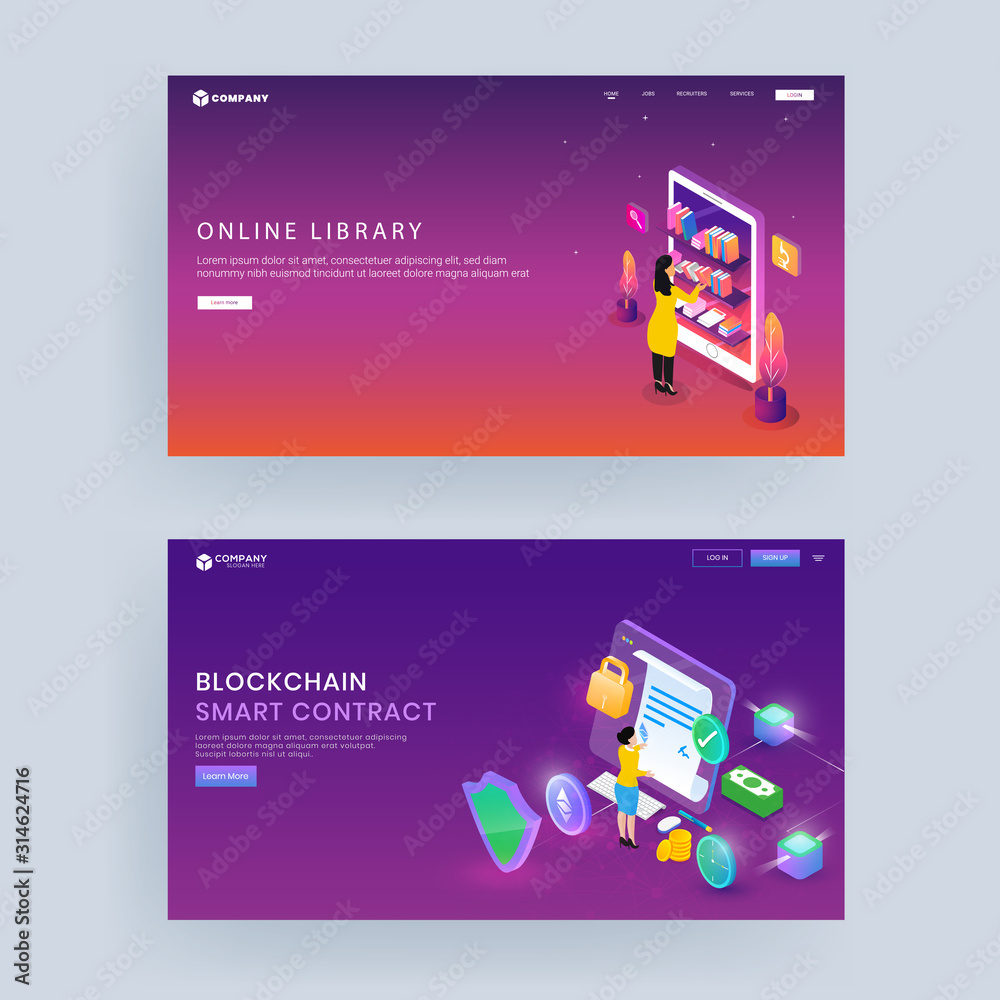 Canvas Prints landing page or hero shot design for online library, block chain smart contract concept.