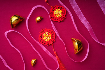 Chinese New Year decorations with red background with assorted festival decorations. Chinese...
