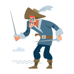 Pirate sailor with two swords attacks the victim. Vector illustration of flat cartoon on white background.