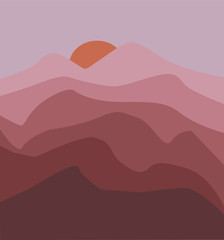 Sunrise behind the mountains. Vector illustration. Flat style. Beige palette. Might be used for posters, wallpaper, background. 