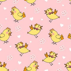 Seamless pattern with birds in love, flowers, hearts. Valentine's Day or love print. Pastel pink