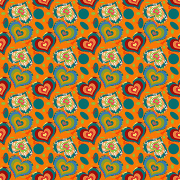  Pattern con cuori colorati stile pop art su sfondo arancio