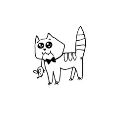 Simple cute contoured cat with a mouse in its teeth. Doodle. Design element for greeting card, Valentine's Day, birthday, coloring book, postcard, prints, logo badges stationery web