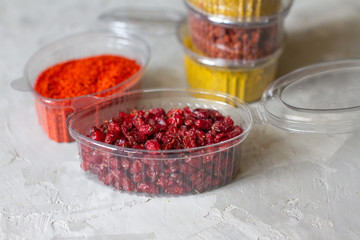 delicious and flavorful spices for food. lots of seasonings in the bowls. additives for cooking. Georgian seasonings. the concept of cooking and foodies. the view from the top. space for text.