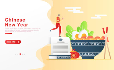Vector illustration chinese new year. the man happily makes delicious Chinese food ingredients for noodles, vegetables, eggs, shrimp, carved cups, chopsticks, with a recipe book. Flat cartoon style