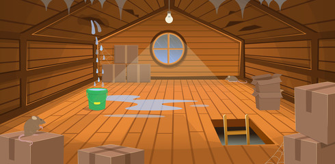 Interior flooded the wooden attic with boxes, a window, stairs and rats. Broken roof with leakage. Vector illustration of cartoon style.