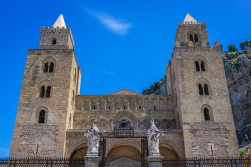 Fototapeta na wymiar Exterior view of cathedral on the Old Town of Cefalu city on Sicily Island in Italy
