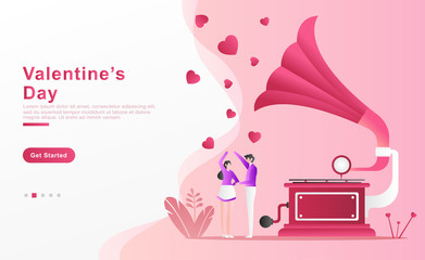 Vector illustration valentine. a happy couple dancing beautifully accompanied by an old musical instrument ponograph, and studded with heart-shaped rain. for banner, landing page, ui ux. Flat cartoon