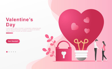 Vector illustration valentine. happy couple holding hands expressing love, the concept of heart shape lights with 3 signs of love, padlocks, plants. for banner landing page, app, frame. Flat cartoon