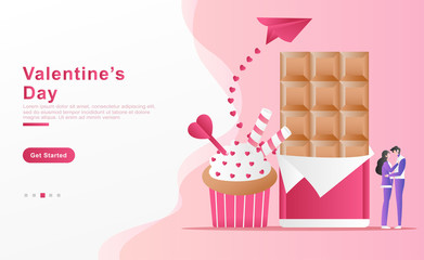 Vector illustration valentine. happy couple are sharing story of love, concept of chocolate, cake, paper plane and traces of heart. for banner, ads, app, landing page, website, ui. Flat cartoon style