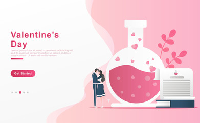 Vector illustration. happy couples cuddle to celebrate valentine, concept of bottle of potions with bubble of love, recipes, love books, plant. for frame, app, landing page, ui ux . flat cartoon style