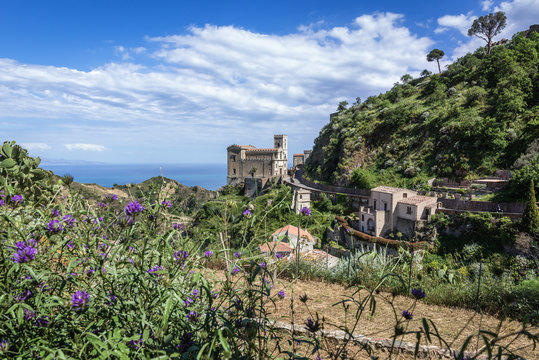 View with Saint Nicholas Church also called Saint Lucy Church in Savoca, small town on Sicily in Italy
