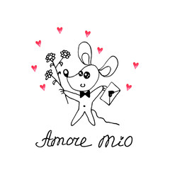 A simple cute contour mouse with a love letter, flowers. Amore mio. Doodle. Design element for greeting card, Valentine's Day, postcard, birthday, coloring book, prints, logo badges stationery web