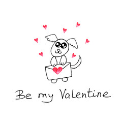 Simple cute contour dog with love letter. Doodle. Be my Valentine. Design element for greeting card, Valentine's Day, birthday, coloring book, prints, logo badges stationery web