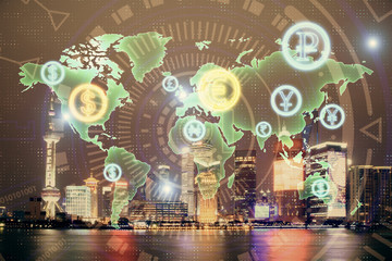 Financial graph on night city scape with tall buildings background double exposure. Analysis concept.