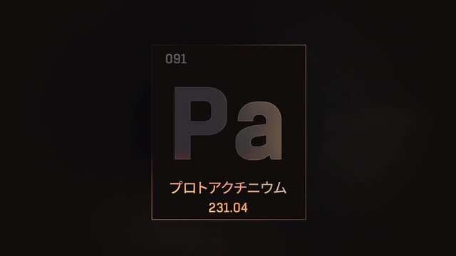 Protactinium as Element 91 of the Periodic Table. Seamlessly looping 3D animation on grey illuminated atom design background orbiting electrons name, atomic weight element number in Japanese language