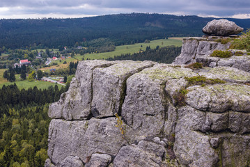 View from one of rock terraces of Szczeliniec Wielki massif in Table Mountains National Park, Sudetes in Poland