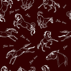  seamless monochrome background of silhouettes of galloping horses on a colored background