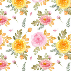 seamless pattern with watercolor pink and yellow roses