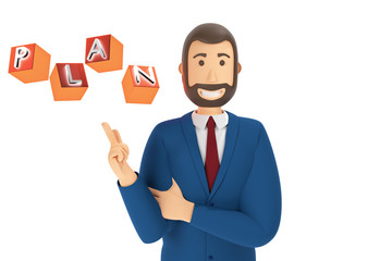 Cartoon character, businessman in suit with pointing finger at an plan. Concept icon with plan. 3d rendering