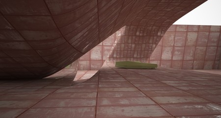 Obraz premium Abstract architectural concrete and rusted metal interior of a minimalist house with swimming pool and large window. 3D illustration and rendering.