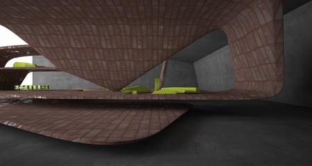 Abstract architectural concrete and rusted metal interior of a minimalist house with swimming pool and large window. 3D illustration and rendering.