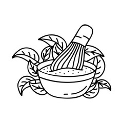 Matcha tea. Contour bowl or cup with whisk and tea leaves in background. Outline illustration of organic antioxidant drink. Hand drawn vector picture. Cartoon black and white design