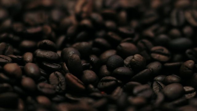 Dark Coffee Grains. Rotating and falling. Coffee beans. Close up of seeds of coffee. Beautiful seeds of coffee.