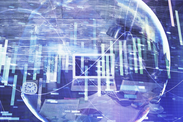 Multi exposure of business theme icons and work space with computer background. Concept of success.