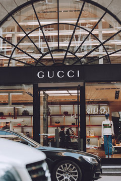 Gucci boutique. Signboard logo brend sign of Gucci on store, shop, mall, boutique. Kiev, Ukraine - September 02, 2019