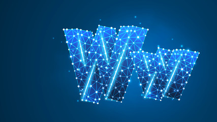 Alphabet letter W. Design of an Uppercase and lowercase english letters. Banner, template or a pattern. Abstract digital wireframe, low poly mesh, Raster blue neon 3d illustration. Triangle, line, dot